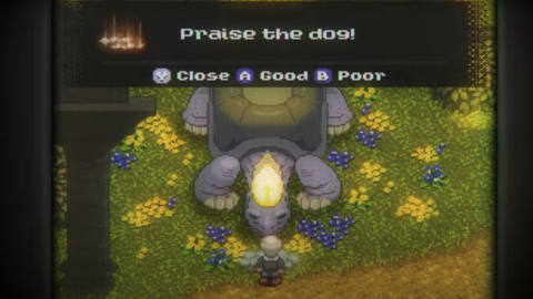 Elden Ring’s Pope Turtle —&nbsp;a large tortoise with a papal hat —&nbsp;is standing in a field of flowers. A player character faces the turtle. All of this is in pixel art style. A text box at the top reads: “Praise the dog!”