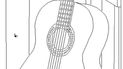 A black-and-white illustration of a fly next to a guitar, propped against the wall.