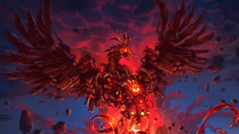 A mechanical bird wreathed in smoke and flame, key art for a KeyForge release.