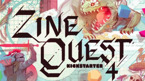 Key art for Zine Quest 4 shows a knight fighting a dragon with a character sheet in the background.