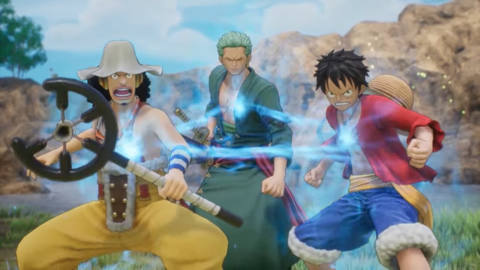 luffy, usopp, and zoro stand prepared to fight in One Piece Odyssey video game. there is some sort of energy connecting the three