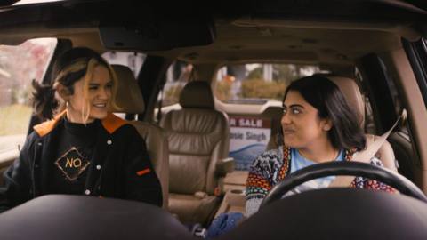 Lupe (Victoria Moroles) and Sunny (Kuhoo Verma) in the car in Plan B.