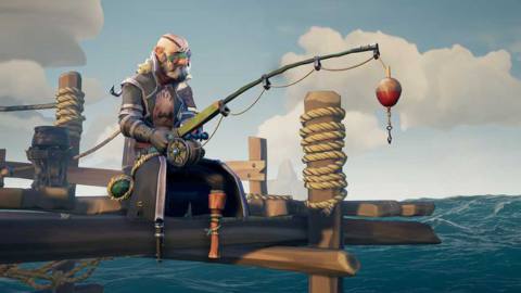 Sea of Thieves - Merrick fishes while sitting on the edge of a pier
