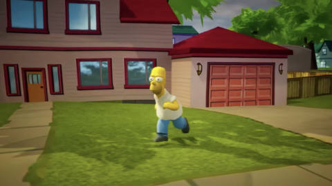 Homer Simpson is running in front of homes in a neighborhood.