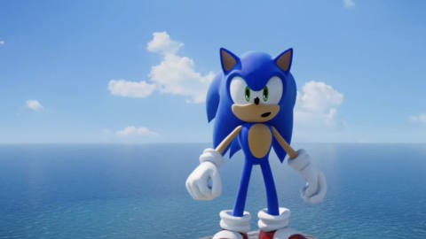 Sonic staring into the distance, looking surprised in Sonic Frontiers
