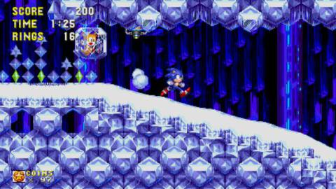 Sonic the Hedgehog runs through an ice level in a screenshot from Sonic Origins