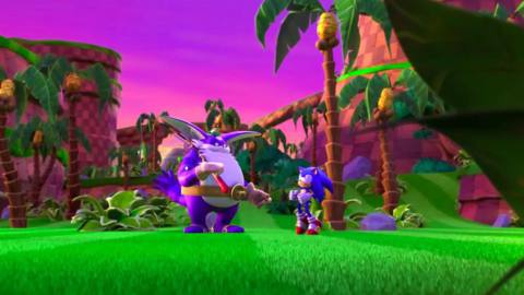 Sonic speaks to Big the Cat at Green Hill Zone in a still from Sonic Prime