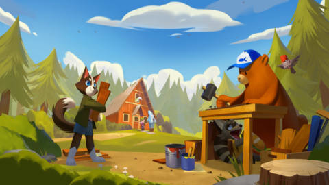 a bear and a cat doing work projects