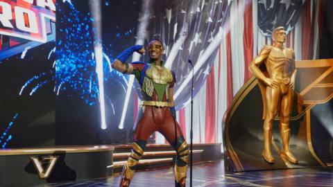 A-Train takes the stage in a new costume at a TV gala in The Boys season 3.