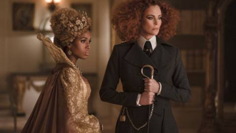 (L-R) Kerry Washington as Professor Dovey, Charlize Theron as Lady Lesso in The School of Good and Evil.