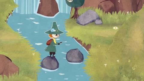 Snufkin: Melody of Moominvalley screenshot of a girl crossing a river on two rocks