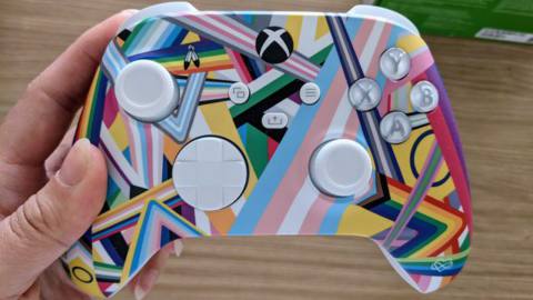 A top view of the Xbox Pride 2022 controller, with the top case showing a design made from a combination of Pride flags.