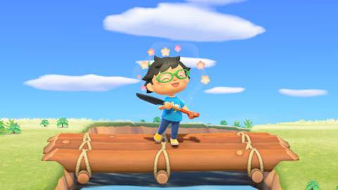 A happy villager stands on a bridge with a shovel in Animal Crossing: New Horizons