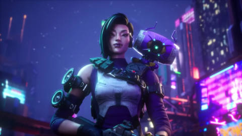 closeup of Rhapsody, Apex Legends Mobile’s newest hero, with her bot friend Rowdy perched on her shoulder