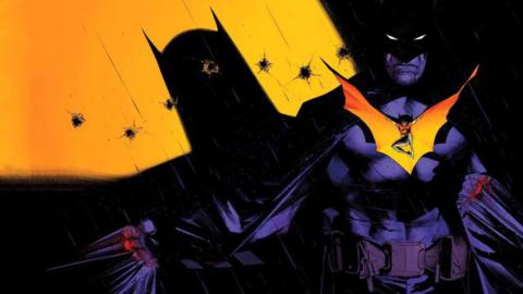 Batman spreads his cape on the wraparound cover of Batman #125 (2022). A jagged line of bullet holes marks the wall to his right. Across his chest is superimposed a small image of Robin/Tim Drake leaping with cape unfurled.