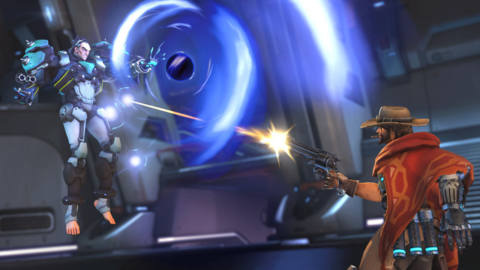 Overwatch - McCree and Sigma face off in a one versus one battle. Sigma is absorbing a shot from McCree’s Peacekeeper.