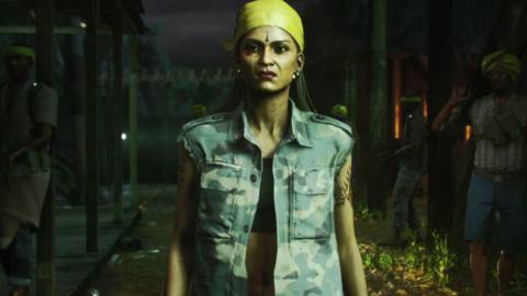 a brown-skinned woman looking stern, wearing a yellow bandanna on her head and a camouflage denim jacket with cutoff sleeves, in Hitman 3’s Ambrose Island location