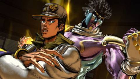 Jotaro Kujo and his stand Star Platinum, as they appear in Diamond is Unbreakable, in a screenshot from JoJo’s Bizarre Adventure: All-Star Battle R