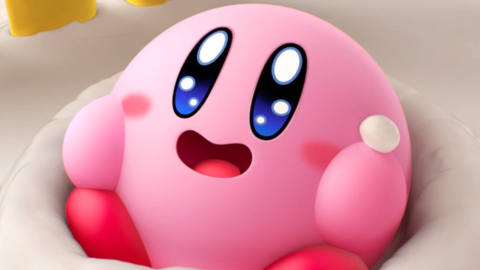 kirby in a cake, smiling so wide