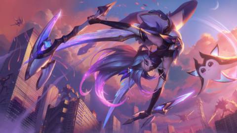 League of Legends splash art, showing Star Guardian Akali do a flip in the air while fighting off monsters.