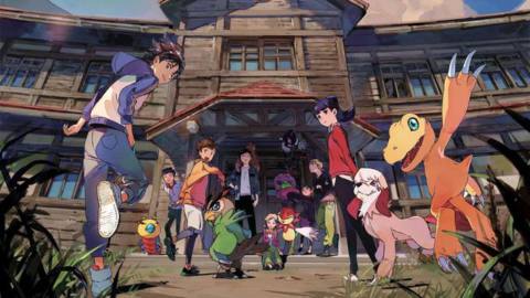 art for digimon survive. it shows a group of teens alongside digimon.