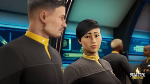 First officer Jara Rydek and engineering ensign Carter Diaz give each other a knowing look on the bridge in a screenshot from Star Trek: Resurgence