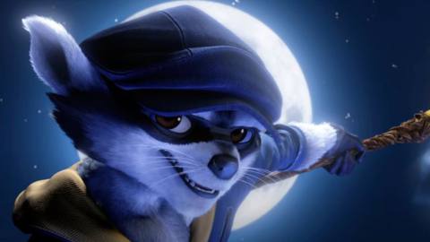 a close up of sly cooper, the raccoon, looking sly into the camera.