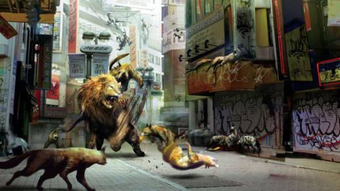 artwork from Tokyo Jungle of animals fighting on a street in Tokyo