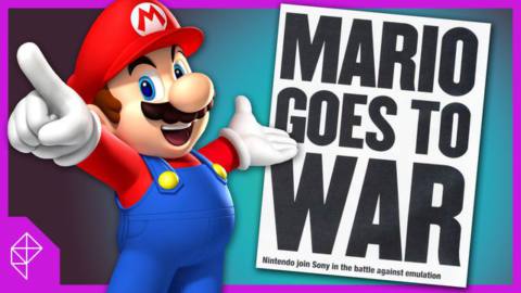 Mario stands before an old magazine headline that reads “MARIO GOES TO WAR”
