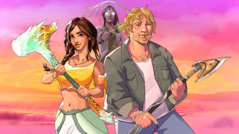Boyfriend Dungeon - key art showing the three new romance options in Secret Weapons - the blond, bearded Jonah the Axe, a tanned woman in a crop top named Leah the Hammer, and an androgynous individual in glasses named Dr. Holmes the Whip.