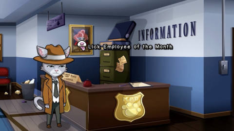 a cat in a trenchcoat at a police department, above him, there is text that reads LICK EMPLOYEE OF THE MONTH