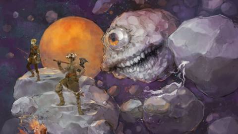Adventurers stand on floating bits of asteroid while a rock-like beholder sneaks up beind them.