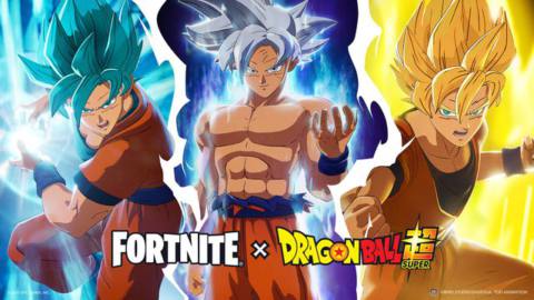 Three Goku skins on the Power Unleashed loading screen for Fortnite