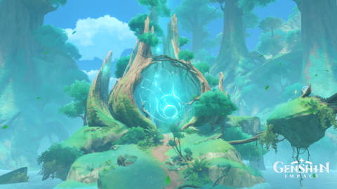 Huge but odd looking tree that is sealed off by a light blue barrier. Floating islands and lots of green growth everywhere. Genshin Impact logo in the bottom right.