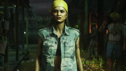 a brown-skinned woman looking stern, wearing a yellow bandanna on her head and a camouflage denim jacket with cutoff sleeves, in Hitman 3’s Ambrose Island location