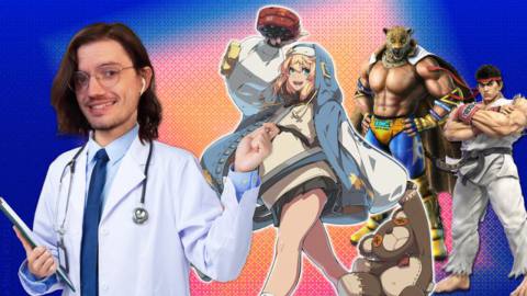 Polygon video producer Patrick Gill has been photoshopped into a smart doctors coat. He points at a lineup of fighting game characters. From left to right, they are Guilty Gear’s Bridget (a young woman dressed in a streetwear remix of a nun’s habit), Tekken’s King (a large muscular man with a jaguar’s head), and Street Fighter’s Ryu (A broad shouldered man in a ripped gi wearing a red headband).