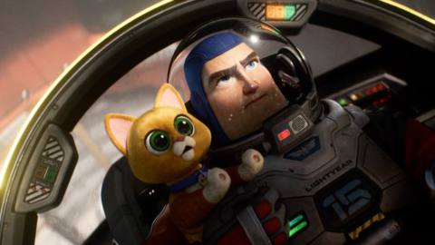 buzz lightyear flying a ship, with an orange cat robot on his shoulder