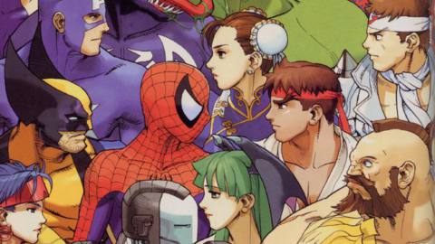 Artwork of various Street Fighter, Marvel, and Capcom characters from Marvel vs. Capcom 2
