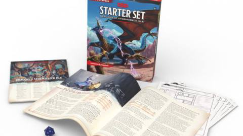 A box, two pamphlets, some dice, and a few slips of paper included in the Dungeons &amp; Dragons: Dragons of Stormwreck Isle set. 