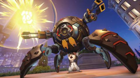Hammond the hamster pretends to lift his mech ball in a screenshot from Overwatch 2