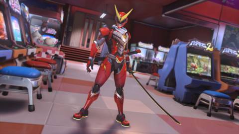 Genji wearing the Genjiman skin in Overwatch’s Hanamura arcade