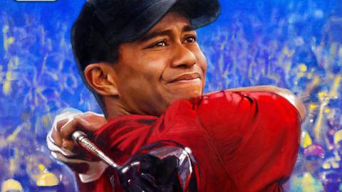 Tiger Woods, in his Sunday red and black, on the cover of PGA Tour 2K23