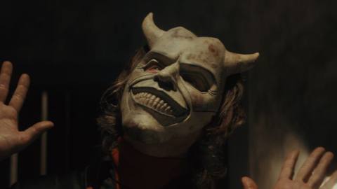 Ethan Hawke in his demon mask as the serial child-murderer The Grabber in The Black Phone