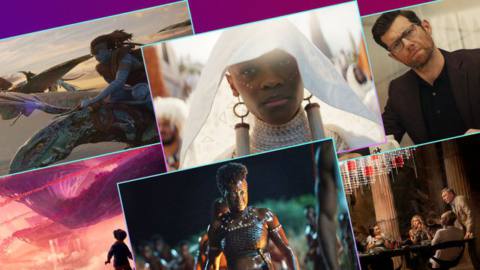 Collage image with pictures from Avatar: The Way of Water, Black Panther: Wakanda Forever, Bros, Strange World, The Woman King, and Glass Onion: A Knives Out Story