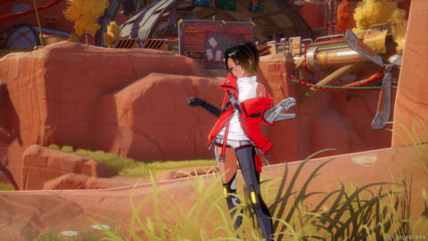 A Tower of Fantasy character shrugs in front of Astra Shelter