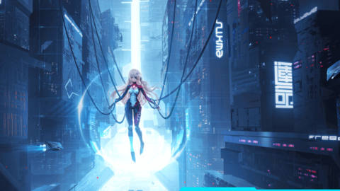 Nemesis on her cables floating in a futuristic city