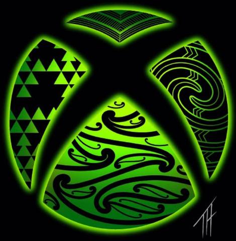 Stylized Xbox logo in the traditional Māori style with lines and patterns in green colors representing various art forms