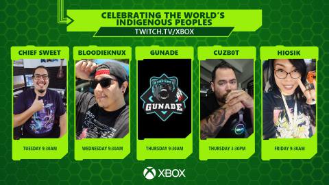 Five streamers, Chief Sweet, BloodieKnux, Gunade, Cuzb0t, and Hiosick, are displayed in front of a textured green background. Text at the top of the image reads Celebrating the World’s Indigenous People’s with a link to the Xbox channel on Twitch: Twitch.TV/Xbox.