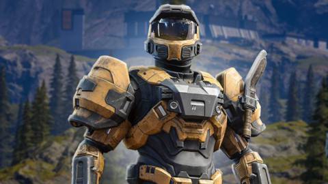 A solo Spartan wearing yellow armor from Halo Infinite