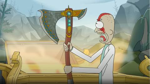 Rick from Rick and Morty, head shaven and face painted red like Kratos from God of War, holds aloft Kratos’ axe